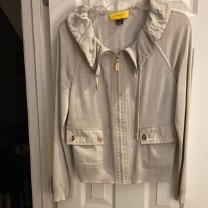 St. John Beige Ruffled Collar Zip-Up Cardigan Size S